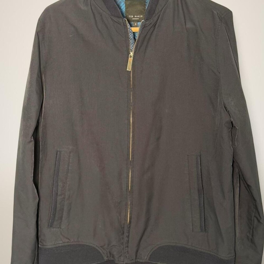 Ted Baker navy blue bomber jacket with blue plaid lining, size 5.